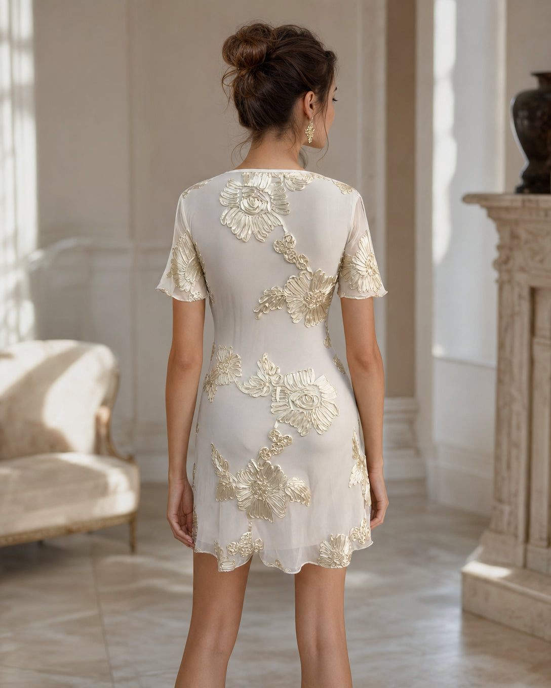 Women’s 2026 Summer Floral Jacquard Short Sleeve Mesh Mini Dress