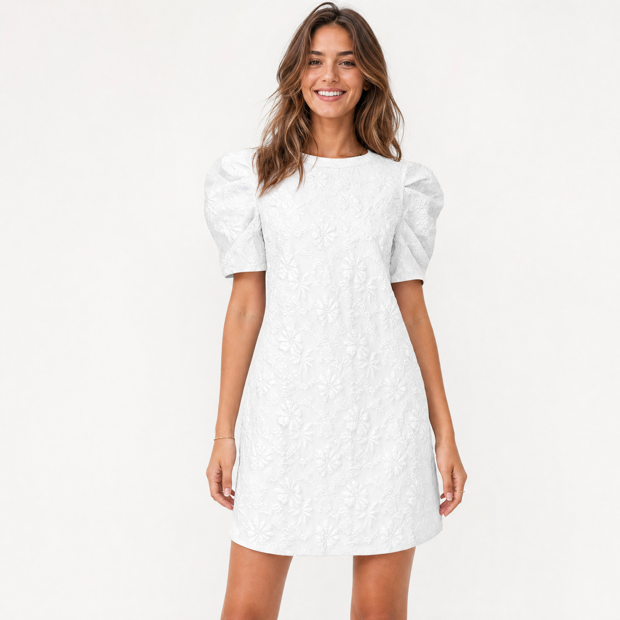 Women’s 2026 Summer Floral Textured Puff Sleeve Round Neck Mini Dress