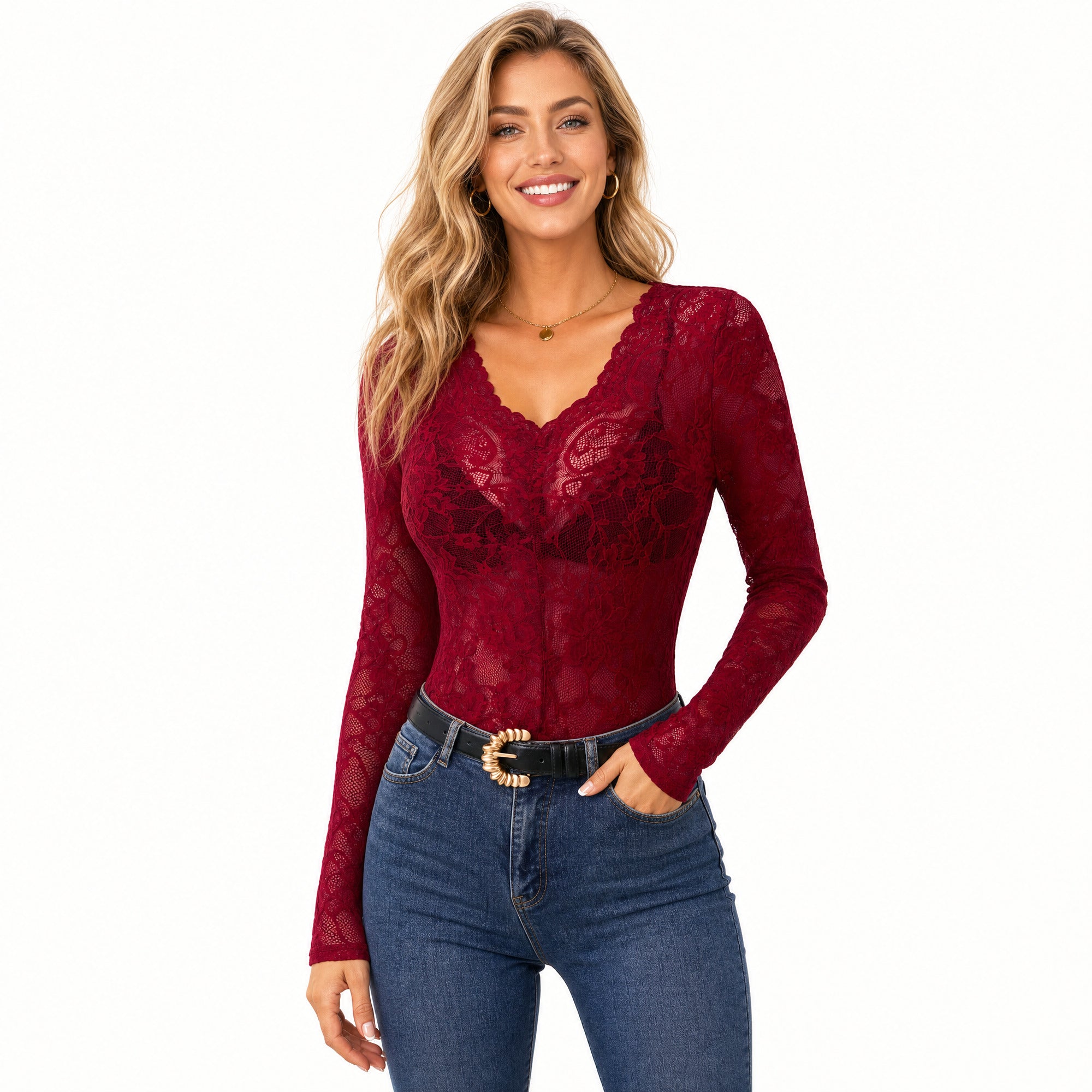 Women’s 2026 Elegant V Neck Sheer Lace Long Sleeve Blouse Top