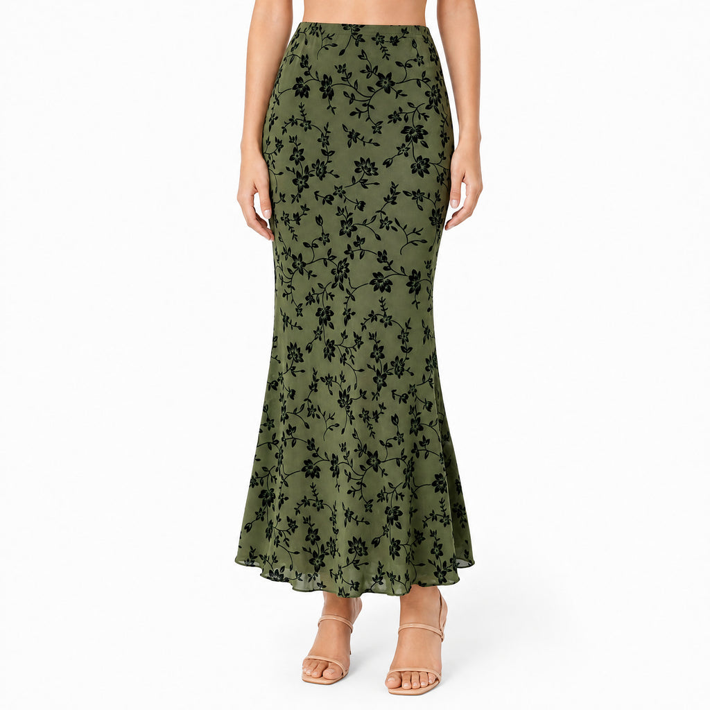 Women’s 2026 Summer Floral Flocked Mesh Mermaid Maxi Skirt