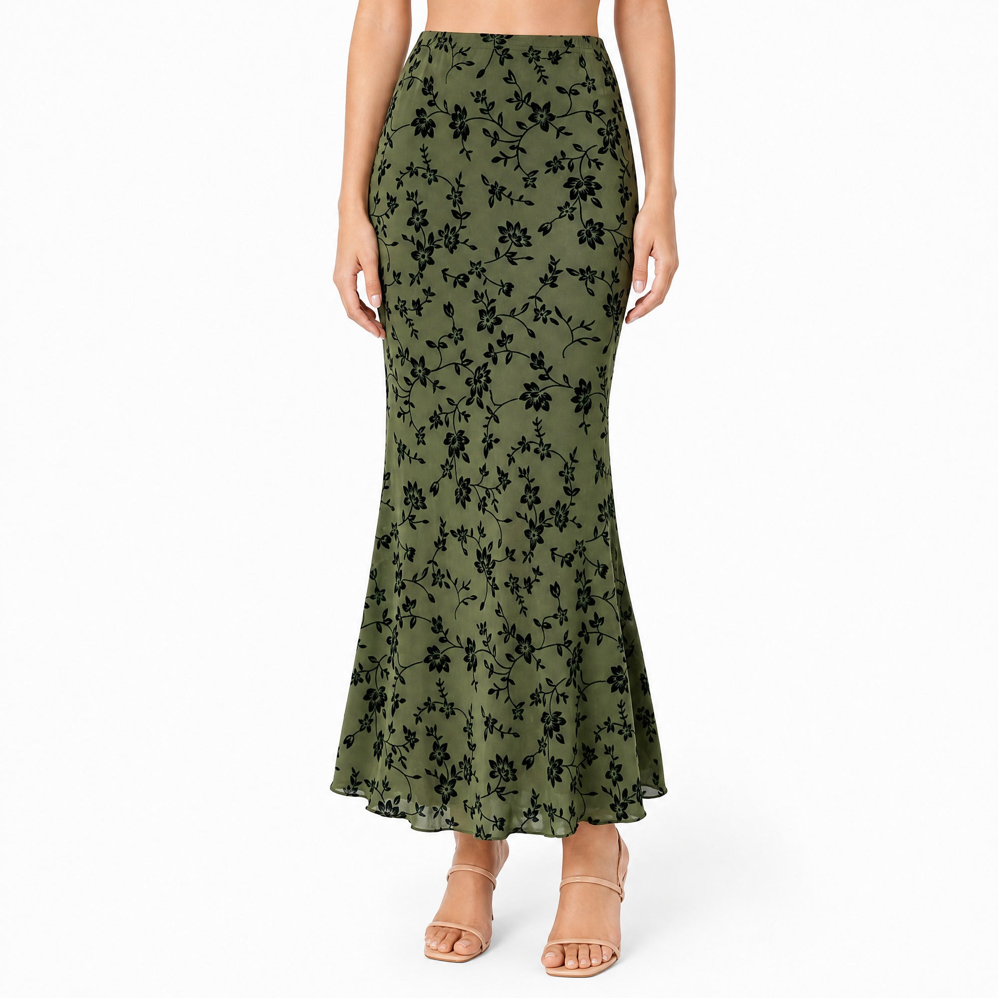 Women’s 2026 Summer Floral Flocked Mesh Mermaid Maxi Skirt