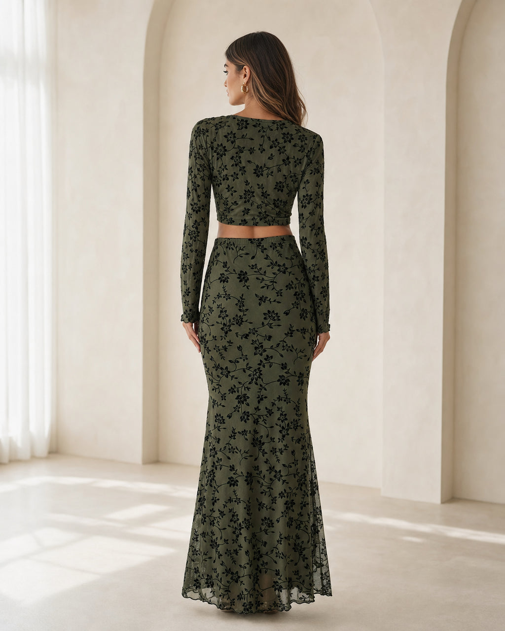 Women’s 2026 Summer Floral Flocked Mesh Mermaid Maxi Skirt