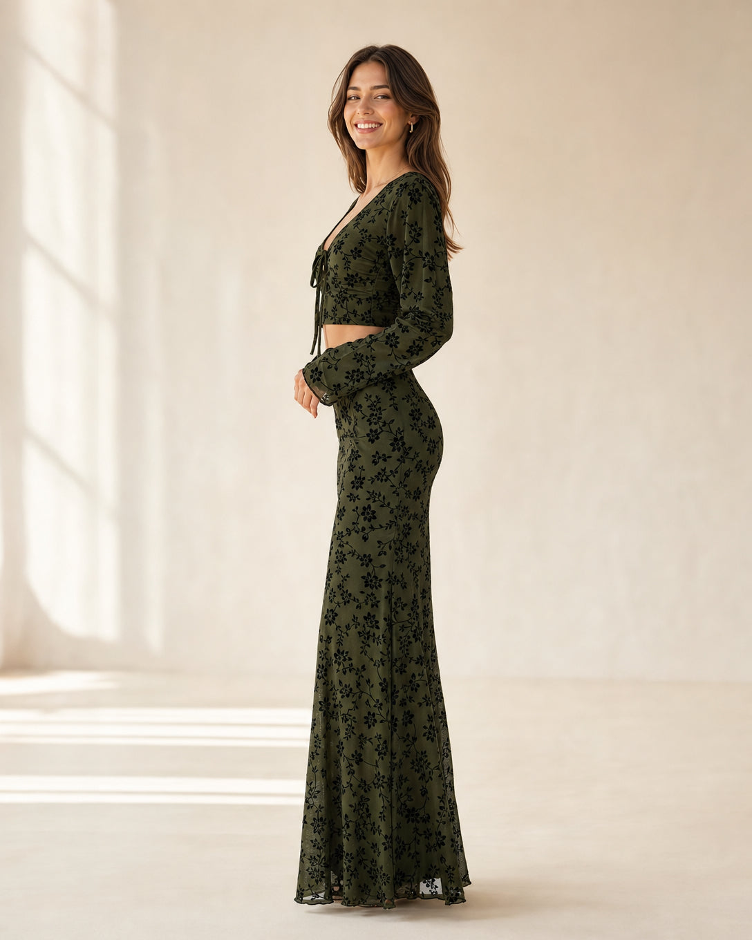 Women’s 2026 Summer Floral Flocked Mesh Mermaid Maxi Skirt