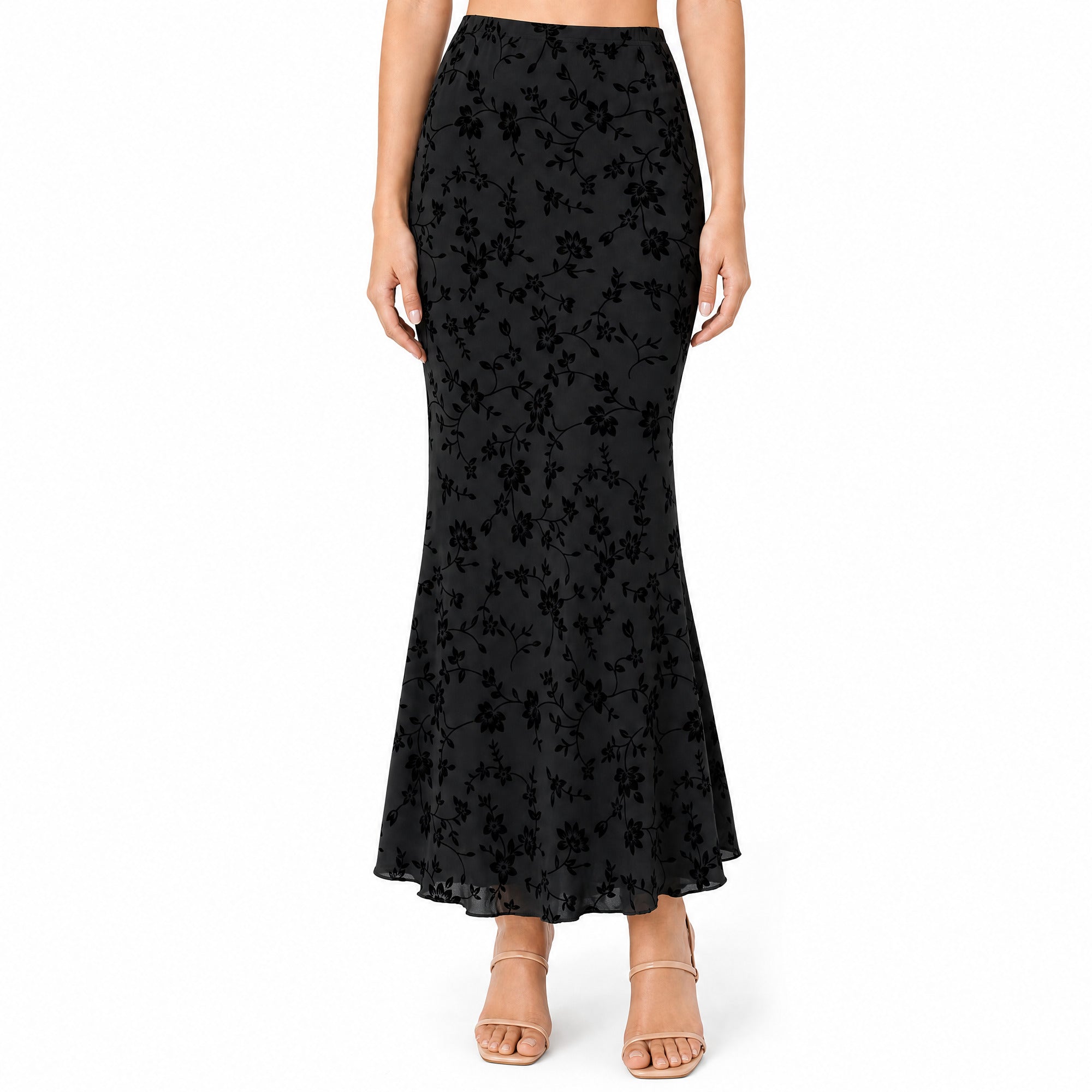 Women’s 2026 Summer Floral Flocked Mesh Mermaid Maxi Skirt
