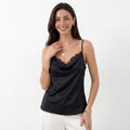 Women’s Satin Cowl Neck Cami Top Eyelash Lace Trim Strap Sleeveless Blouse