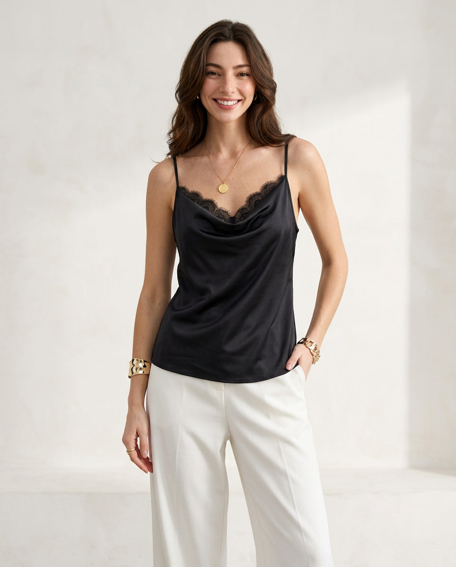 Women’s Satin Cowl Neck Cami Top Eyelash Lace Trim Strap Sleeveless Blouse