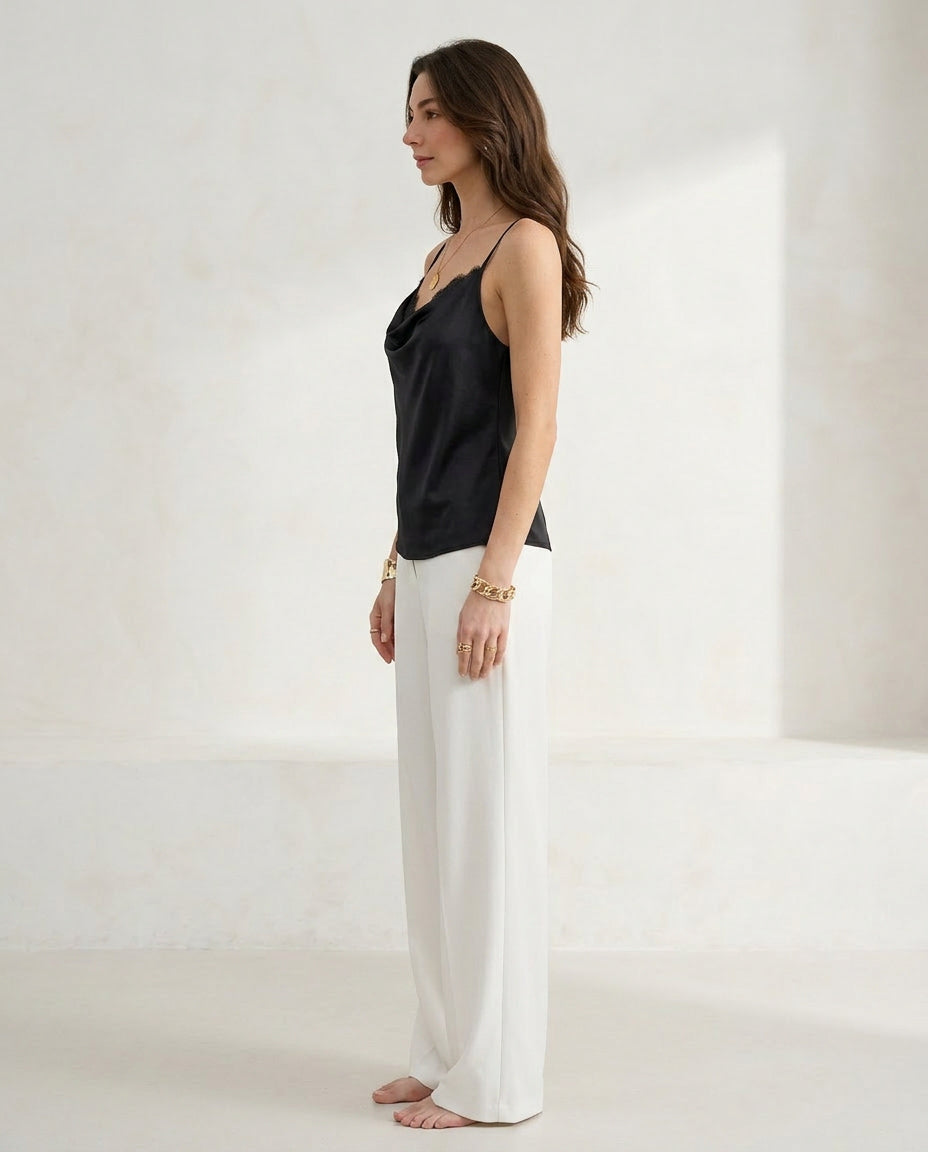 Women’s Satin Cowl Neck Cami Top Eyelash Lace Trim Strap Sleeveless Blouse