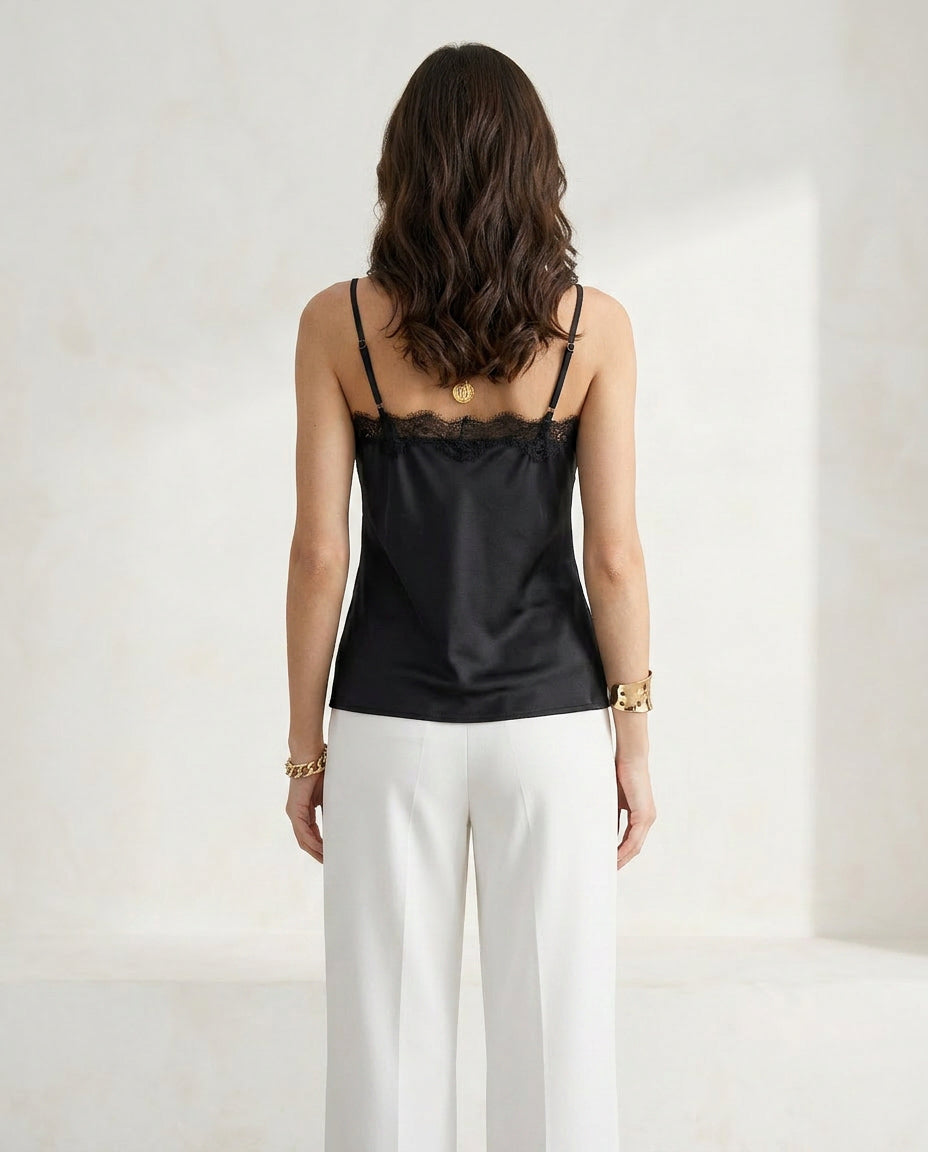 Women’s Satin Cowl Neck Cami Top Eyelash Lace Trim Strap Sleeveless Blouse