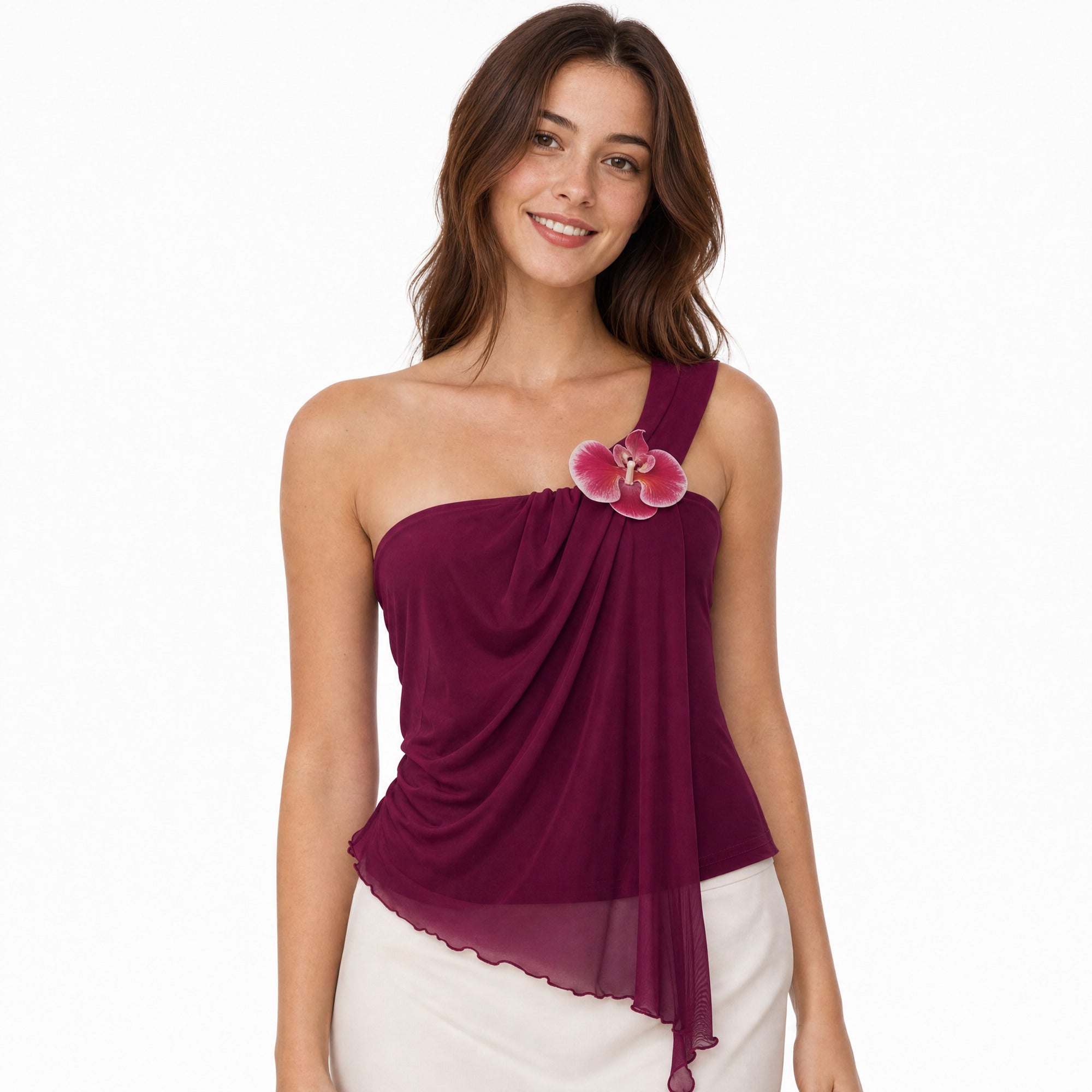 Women’s One Shoulder Ruched Mesh Top Floral Asymmetrical Hem Blouse