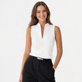 Women’s Stand Collar Split V Neck Textured Sleeveless Blouse Top