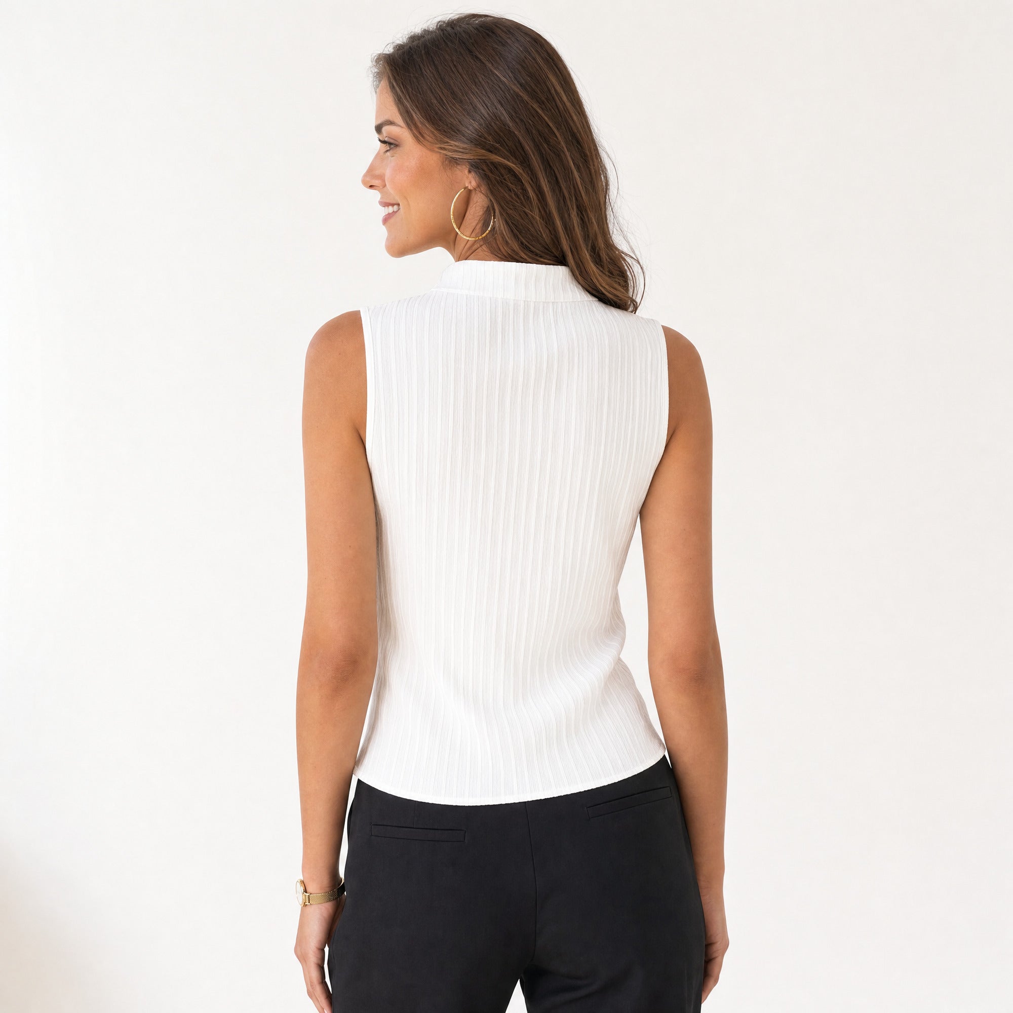 Women’s Stand Collar Split V Neck Textured Sleeveless Blouse Top