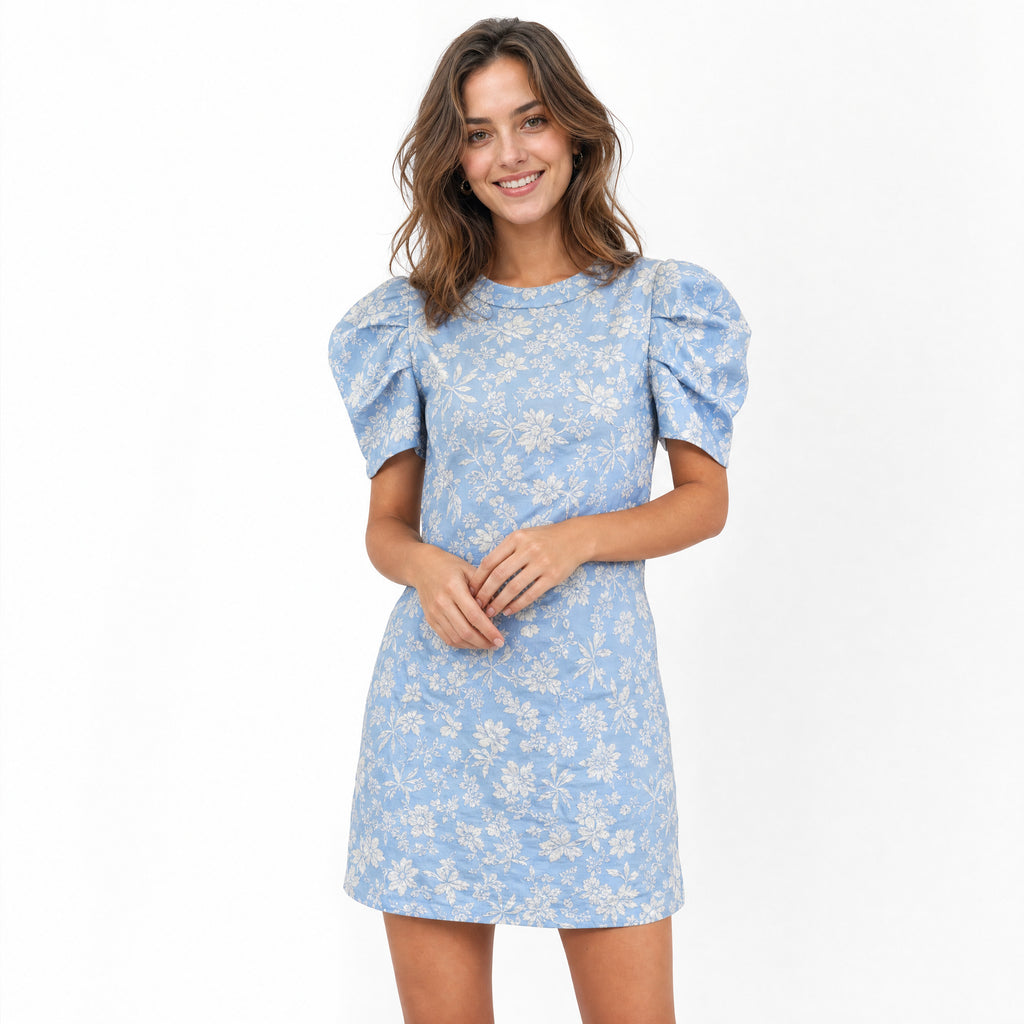 Women’s 2026 Summer Floral Textured Puff Sleeve Round Neck Mini Dress