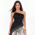 Women’s One Shoulder Gold Ring Ruched Top Asymmetrical Lace Blouse
