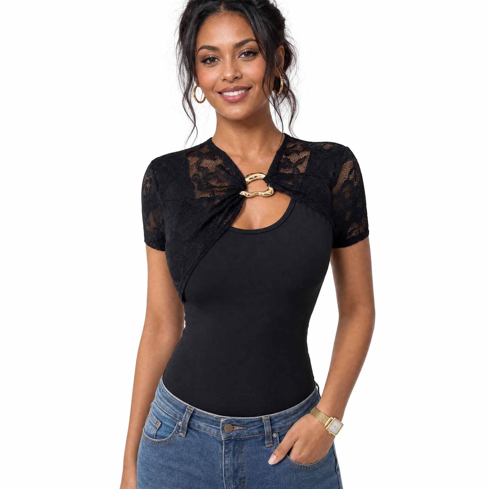 Women’s 2026 Lace Patchwork Cutout Short Sleeve Fitted Top