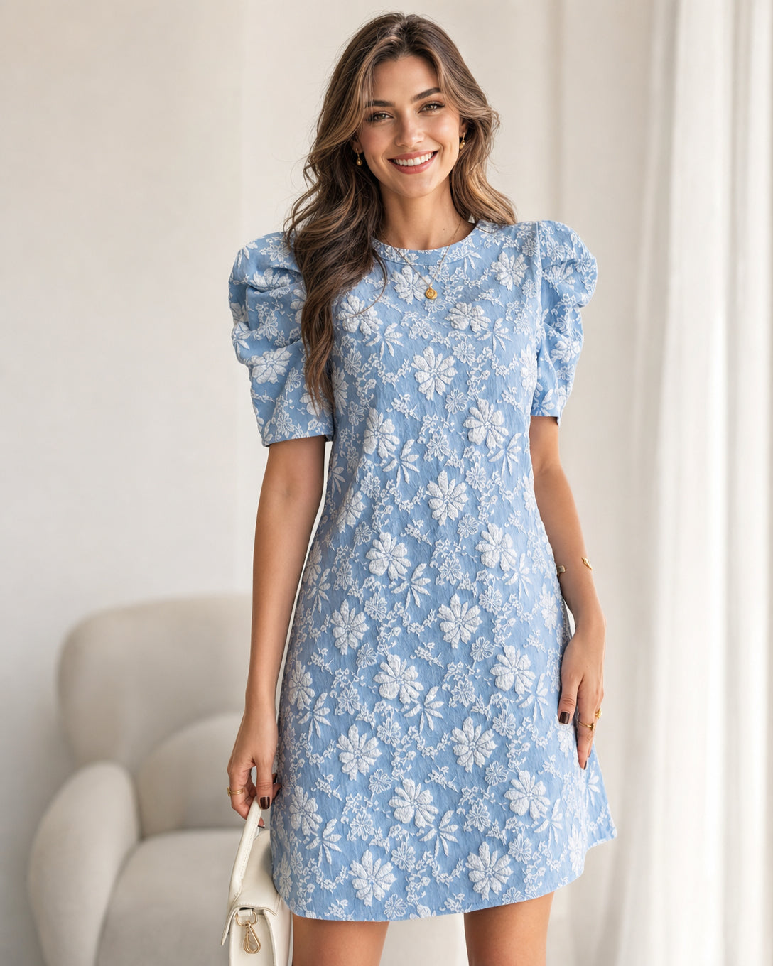 Women’s 2026 Summer Floral Textured Puff Sleeve Round Neck Mini Dress