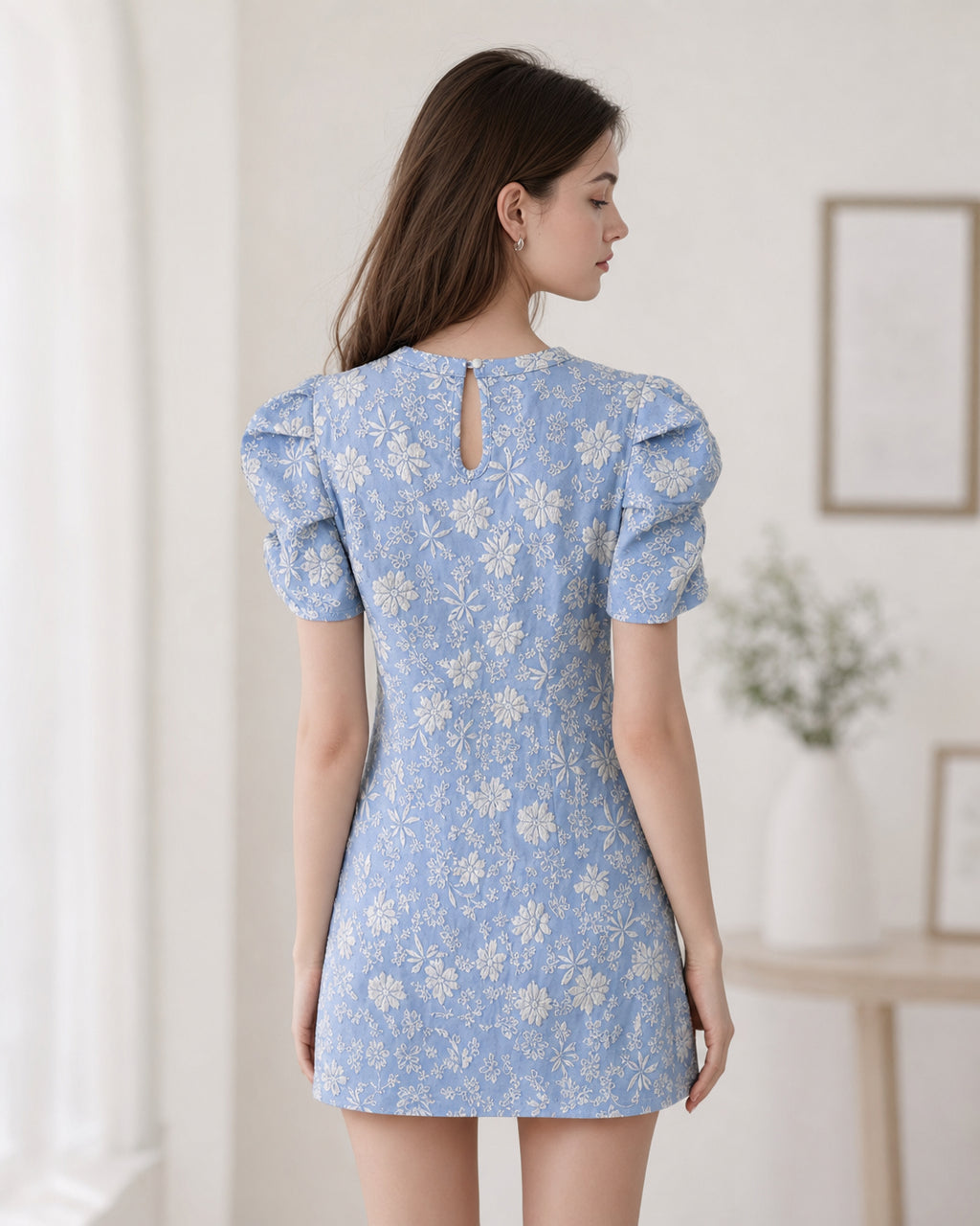 Women’s 2026 Summer Floral Textured Puff Sleeve Round Neck Mini Dress