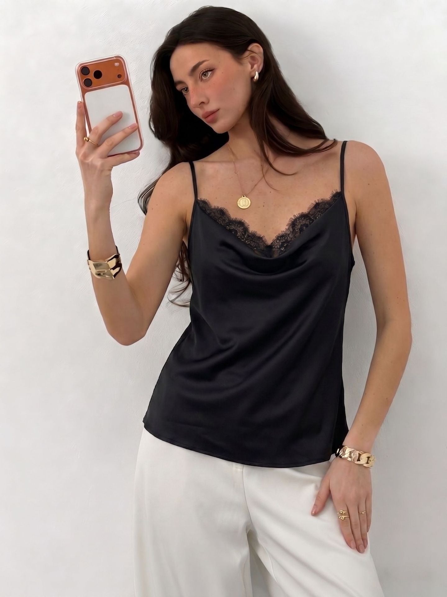 Women’s Satin Cowl Neck Cami Top Eyelash Lace Trim Strap Sleeveless Blouse