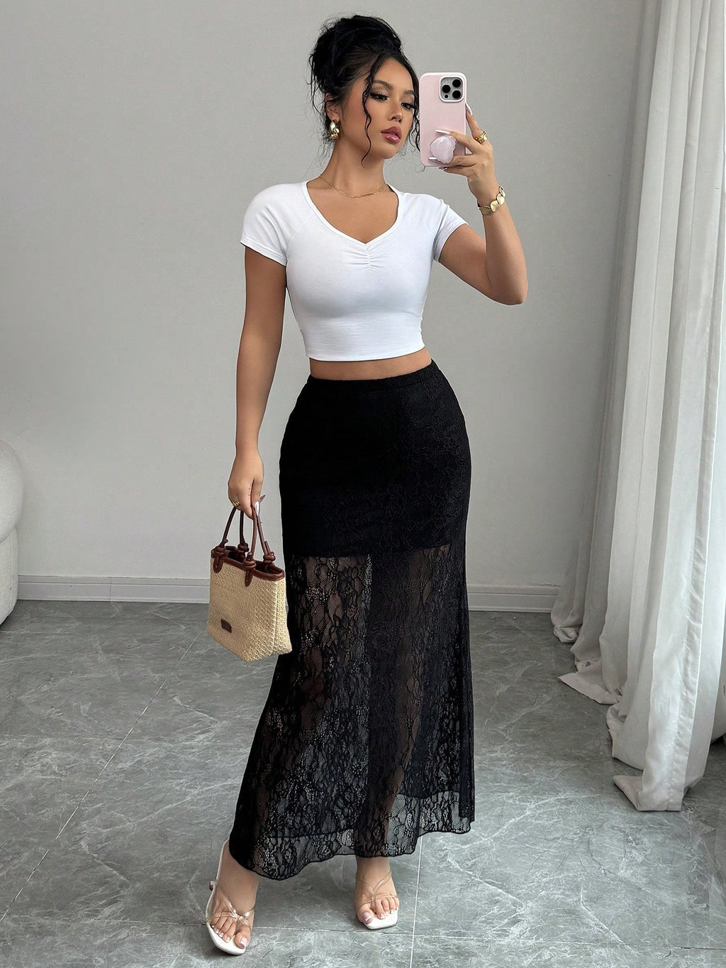 Women's Semi-Sheer Lace Mermaid High Waist Bodycon Long Maxi Skirt