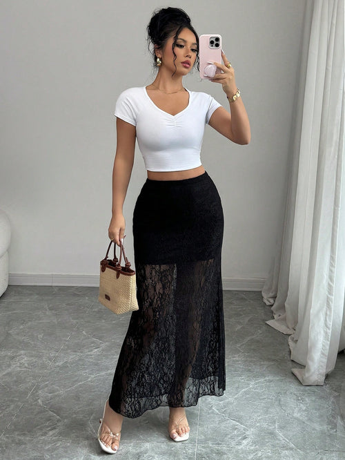 Women's Semi-Sheer Lace Mermaid High Waist Bodycon Long Maxi Skirt