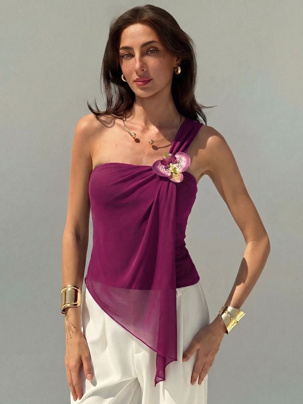 Women’s One Shoulder Ruched Mesh Top Floral Asymmetrical Hem Blouse
