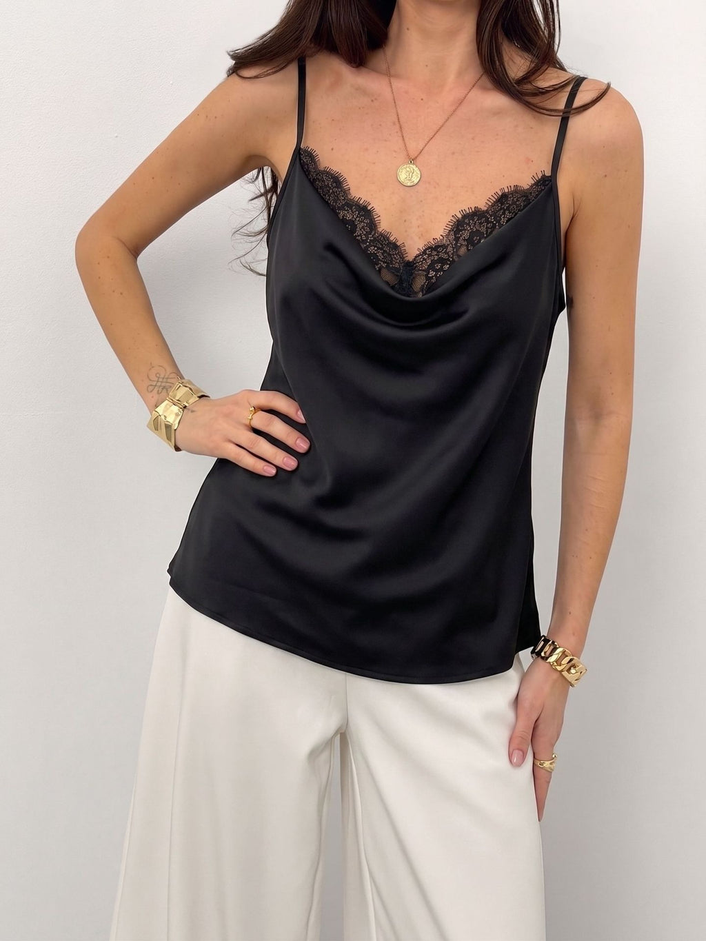 Women’s Satin Cowl Neck Cami Top Eyelash Lace Trim Strap Sleeveless Blouse