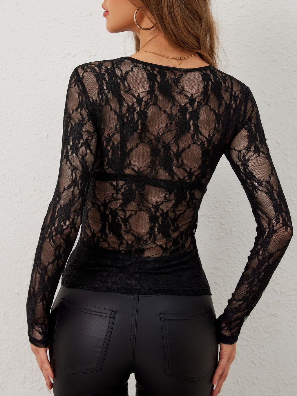 Women’s 2026 Floral Lace Sheer Long Sleeve Crewneck Fitted Top