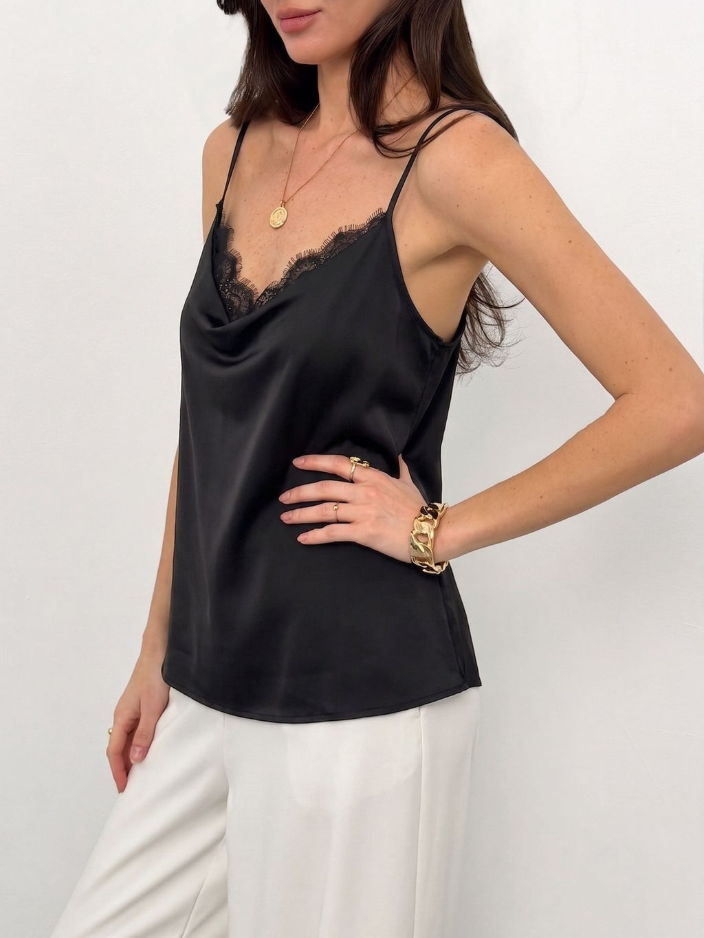 Women’s Satin Cowl Neck Cami Top Eyelash Lace Trim Strap Sleeveless Blouse