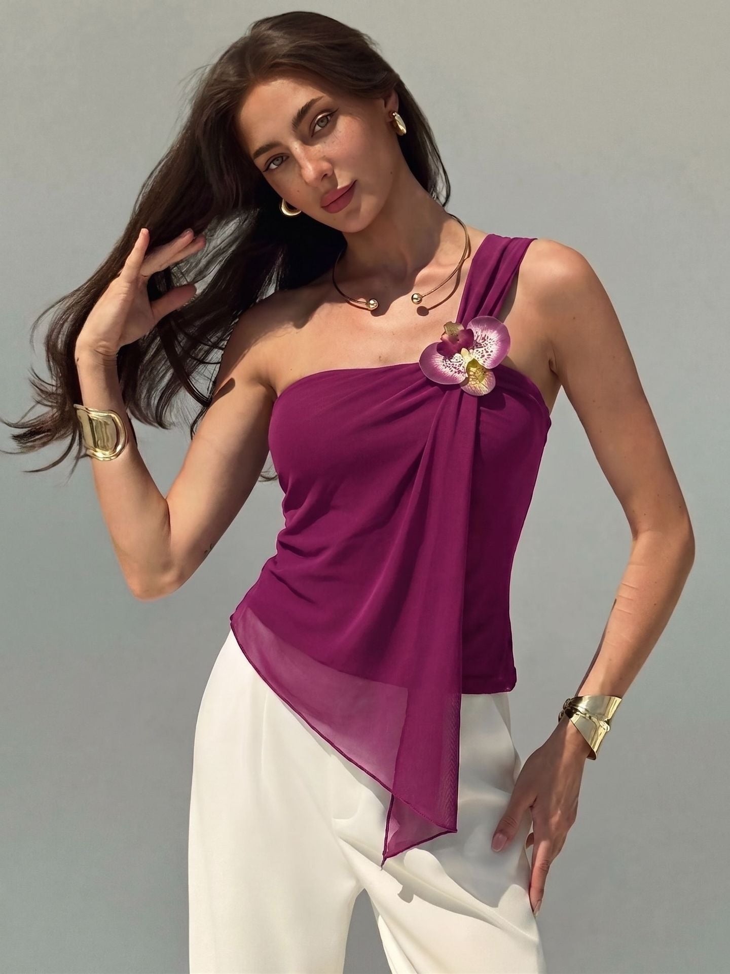 Women’s One Shoulder Ruched Mesh Top Floral Asymmetrical Hem Blouse