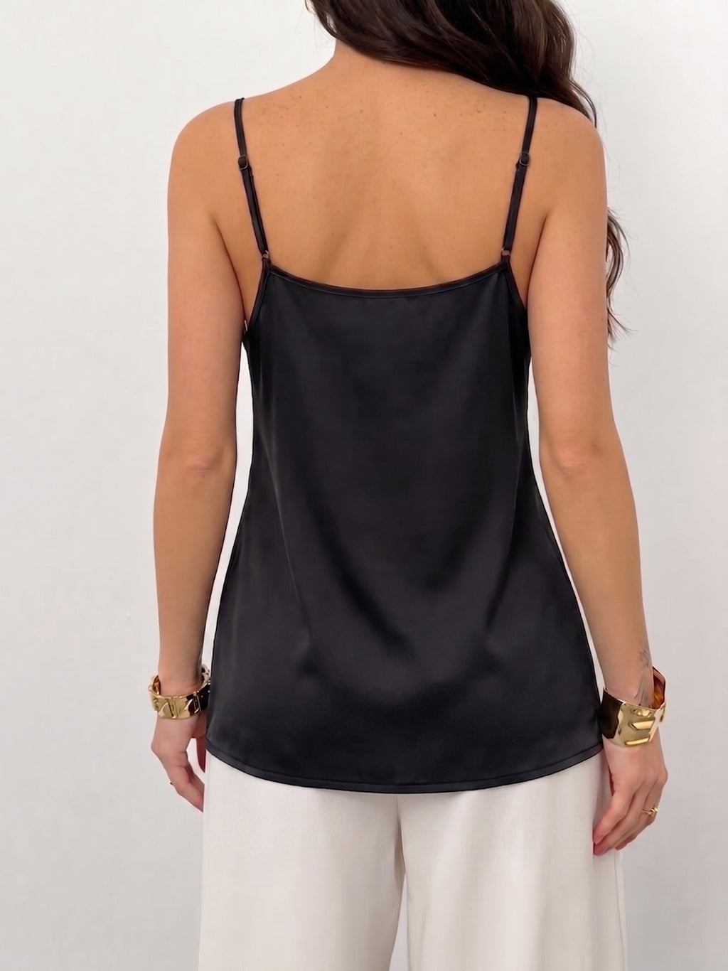 Women’s Satin Cowl Neck Cami Top Eyelash Lace Trim Strap Sleeveless Blouse