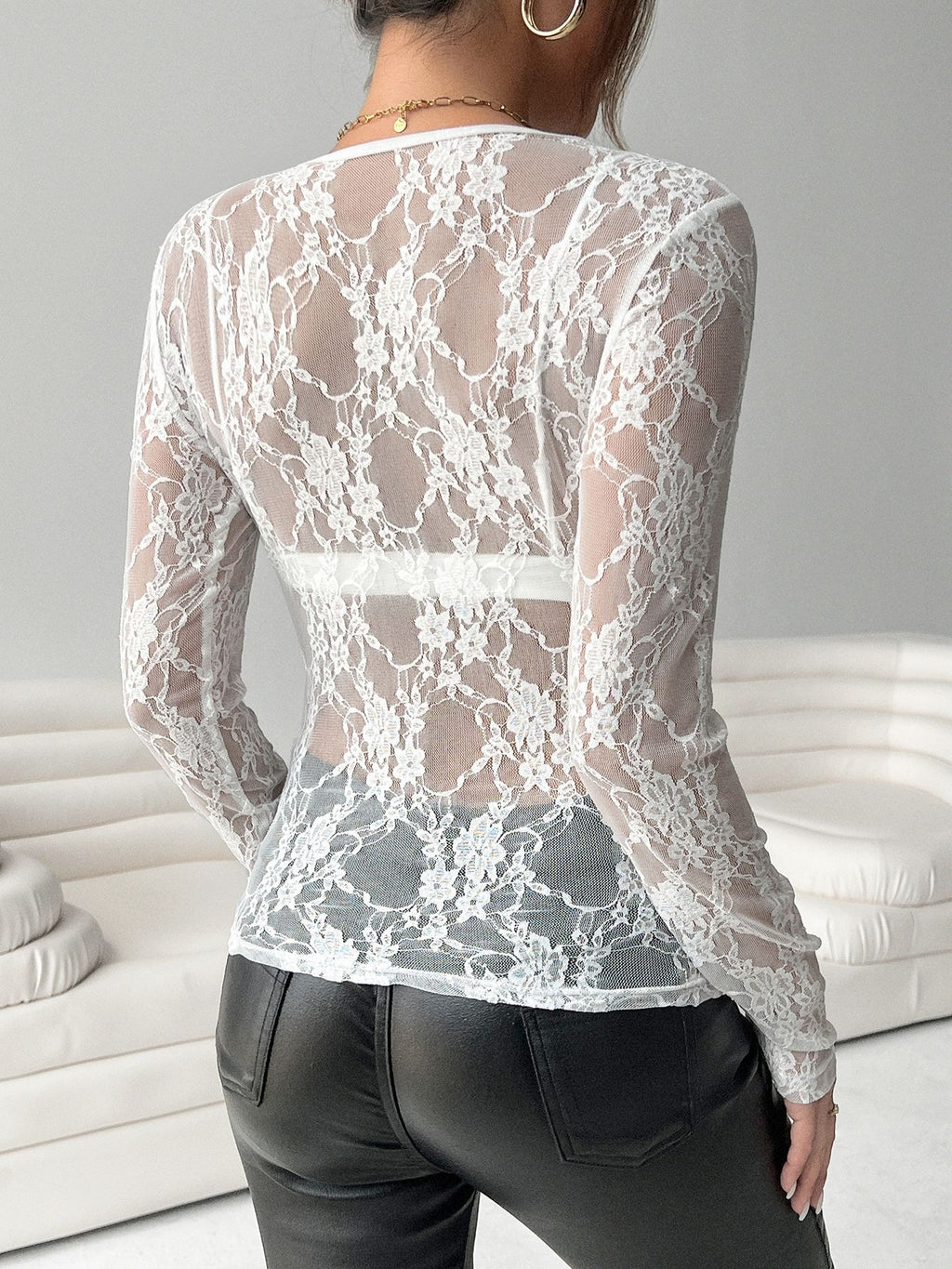 Women’s 2026 Floral Lace Sheer Long Sleeve Crewneck Fitted Top