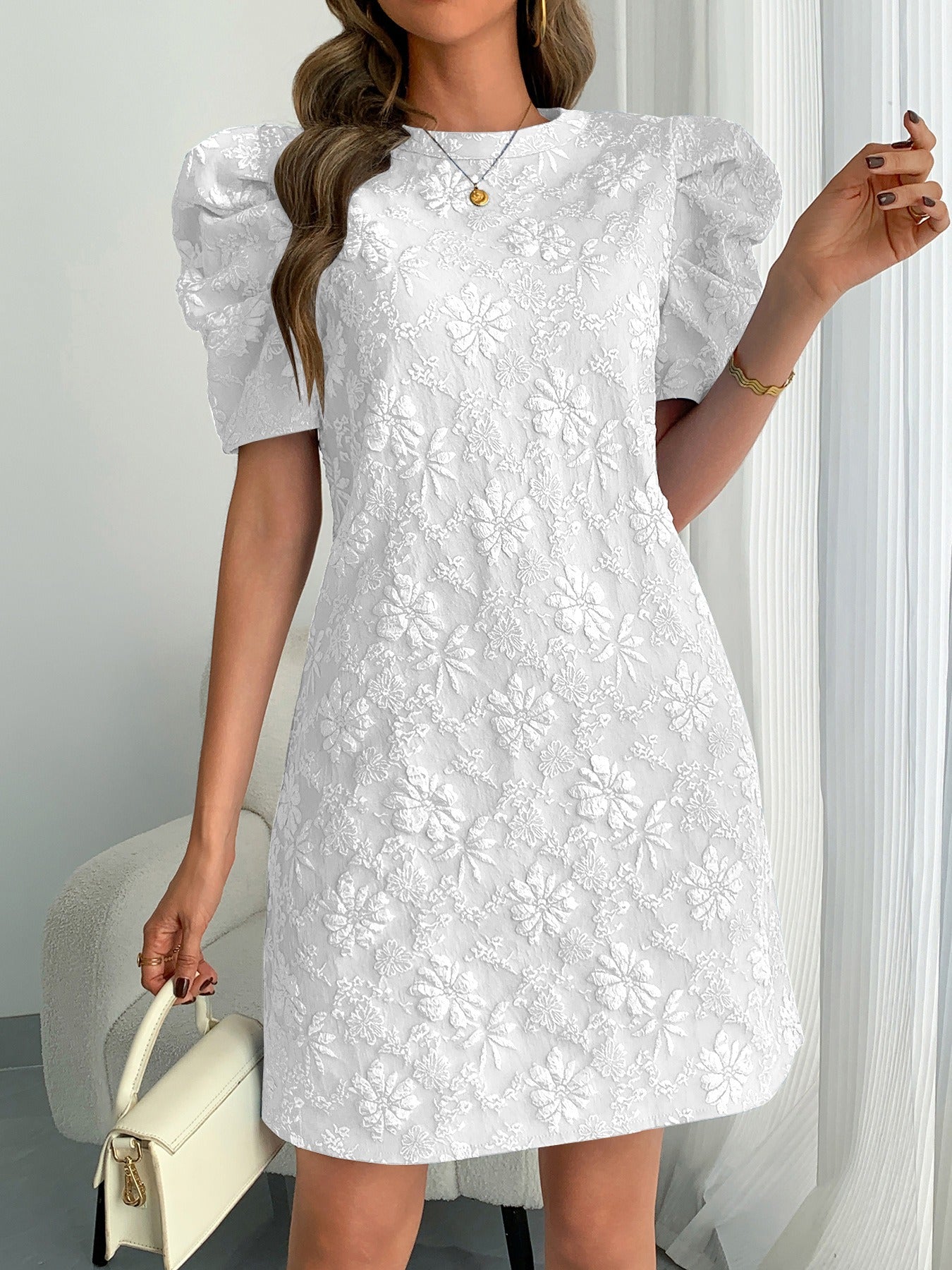 Women’s 2026 Summer Floral Textured Puff Sleeve Round Neck Mini Dress