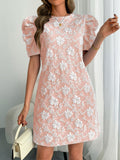 Women’s 2026 Summer Floral Textured Puff Sleeve Round Neck Mini Dress