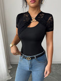 Women’s 2026 Lace Patchwork Cutout Short Sleeve Fitted Top