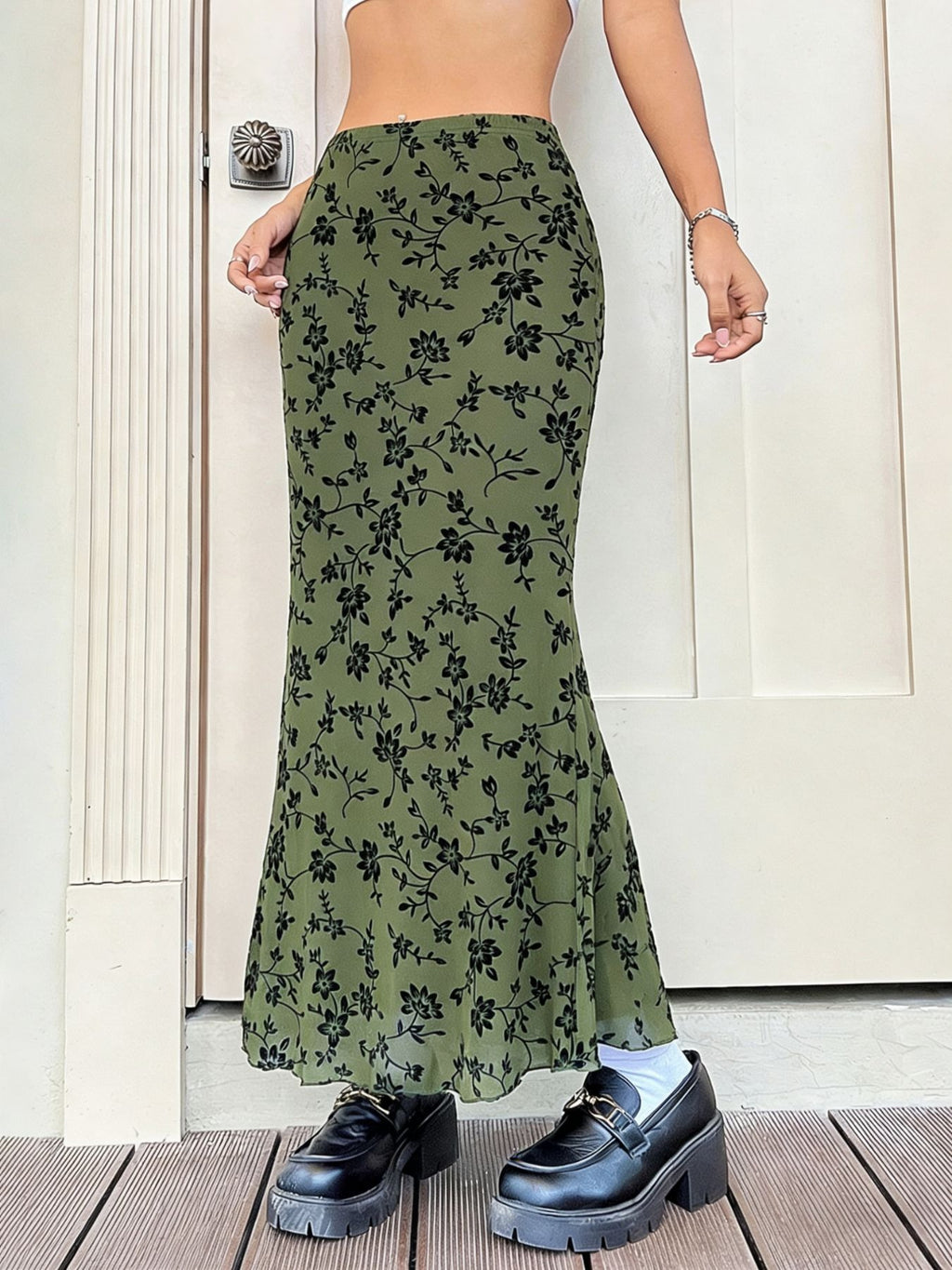 Women’s 2026 Summer Floral Flocked Mesh Mermaid Maxi Skirt