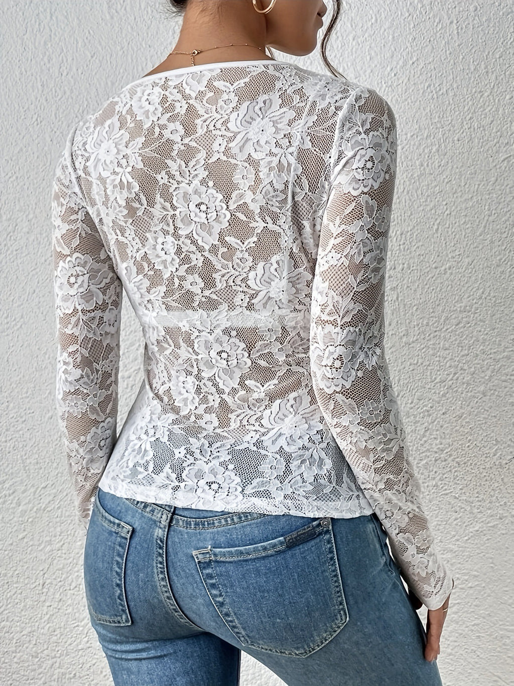 Women’s 2026 Elegant V Neck Sheer Lace Long Sleeve Blouse Top