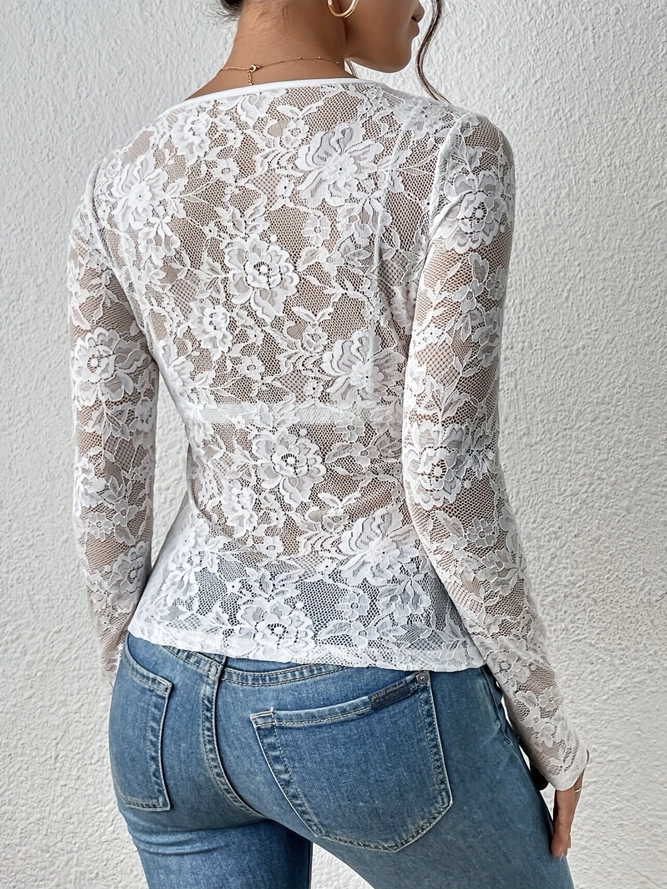 Women’s 2026 Elegant V Neck Sheer Lace Long Sleeve Blouse Top