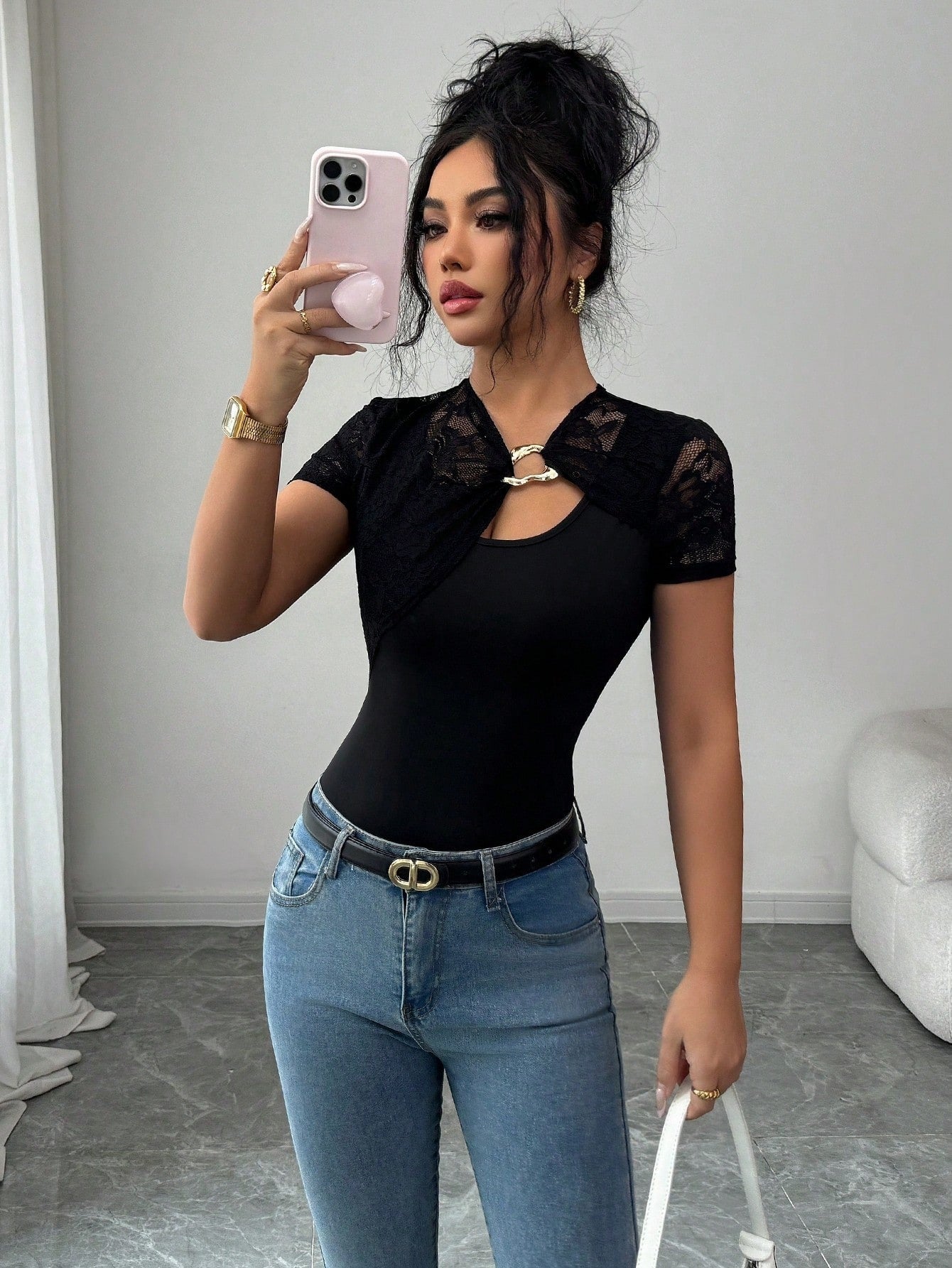 Women’s 2026 Lace Patchwork Cutout Short Sleeve Fitted Top