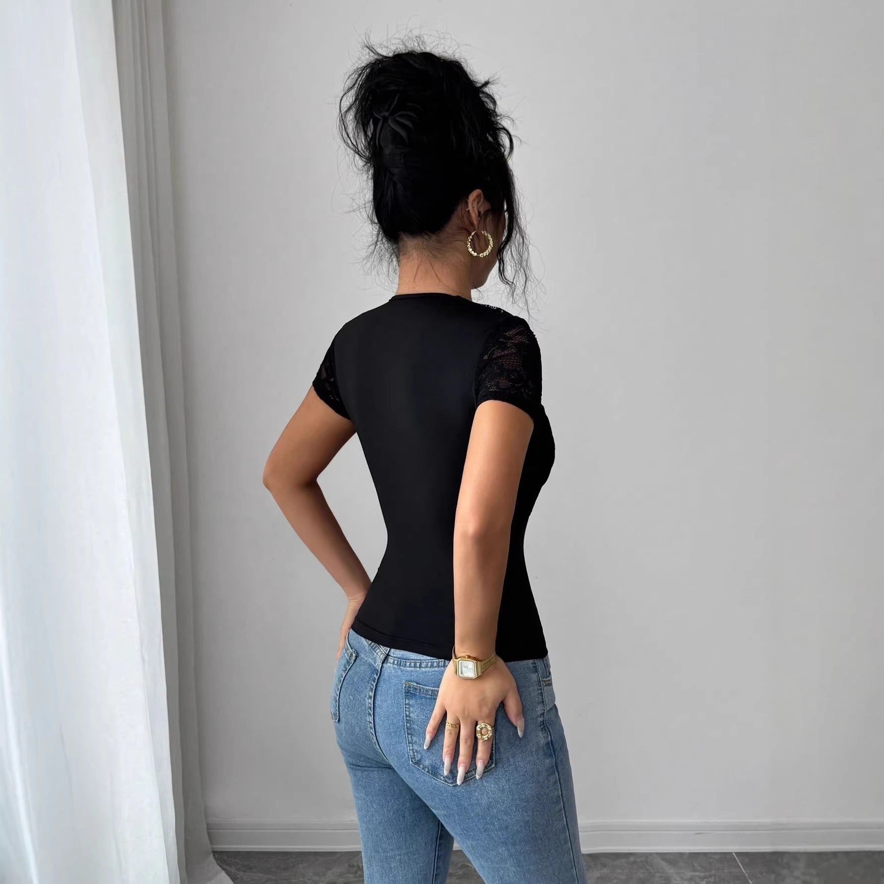 Women’s 2026 Lace Patchwork Cutout Short Sleeve Fitted Top