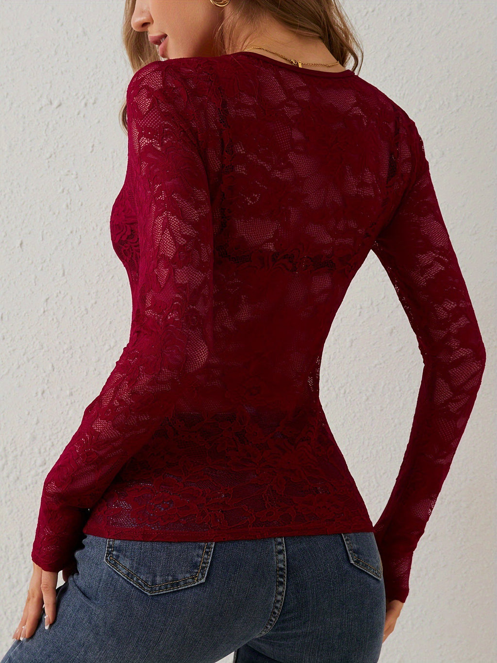 Women’s 2026 Elegant V Neck Sheer Lace Long Sleeve Blouse Top