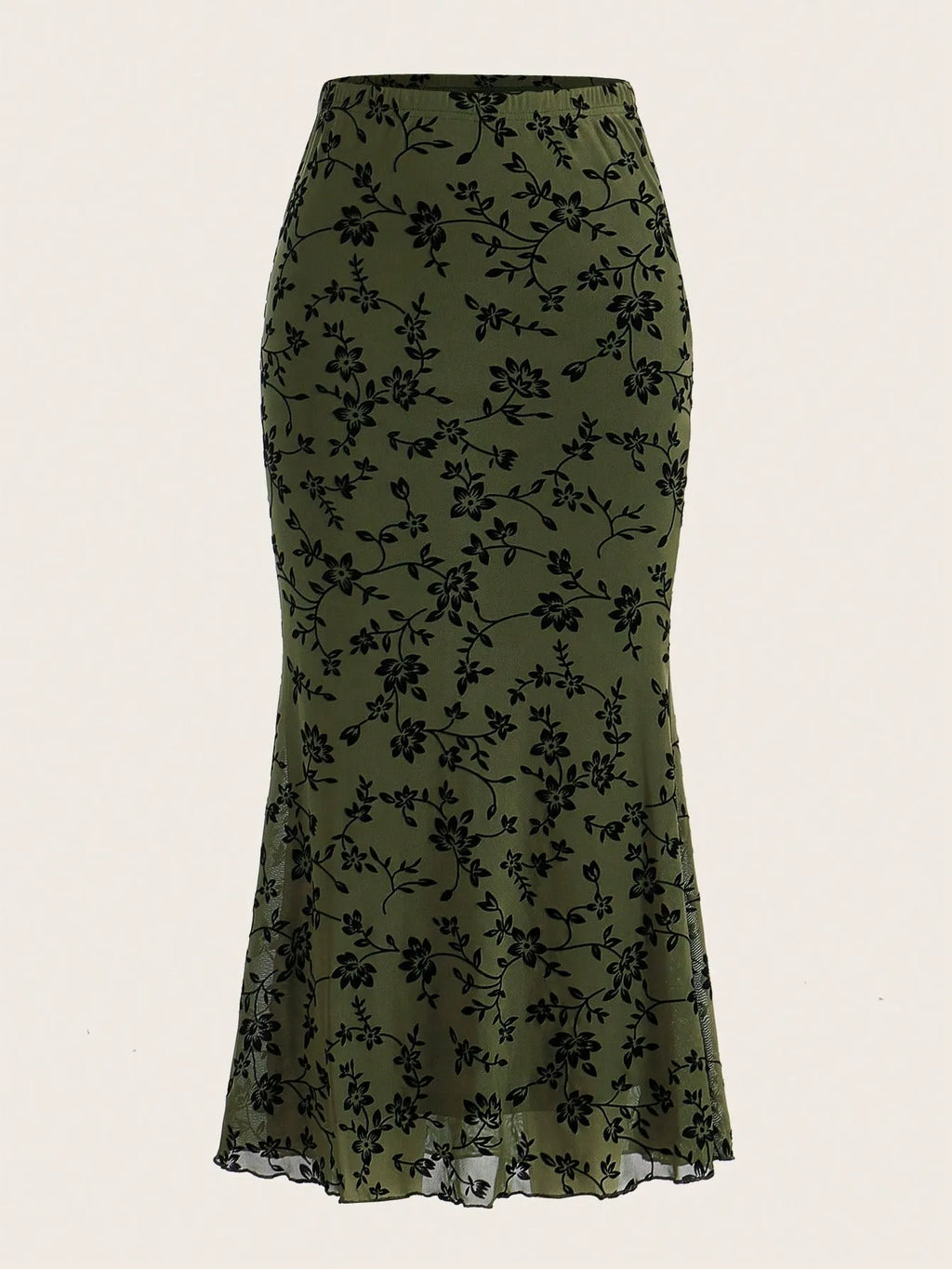 Women’s 2026 Summer Floral Flocked Mesh Mermaid Maxi Skirt