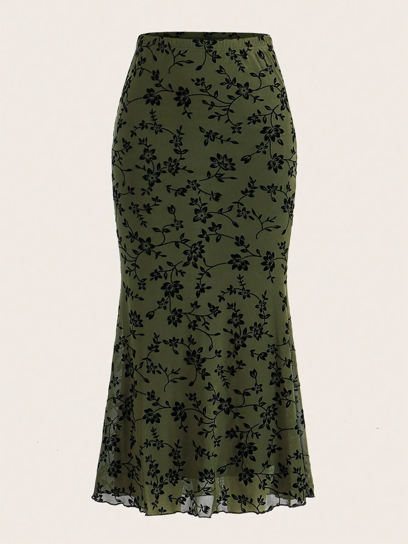 Women’s 2026 Summer Floral Flocked Mesh Mermaid Maxi Skirt
