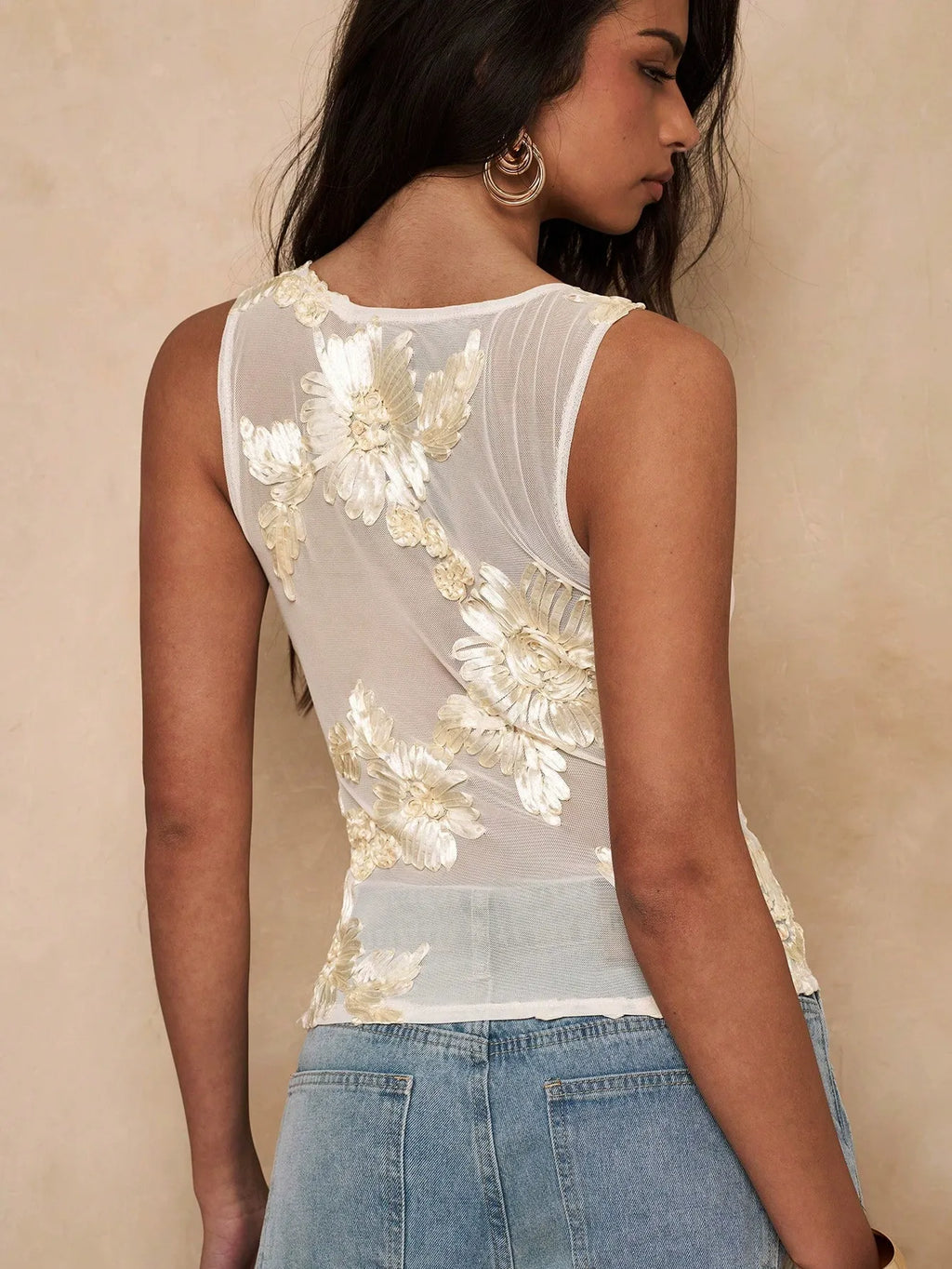 Womens Summer Floral Jacquard Mesh Sleeveless Fitted Tank Top Blouse