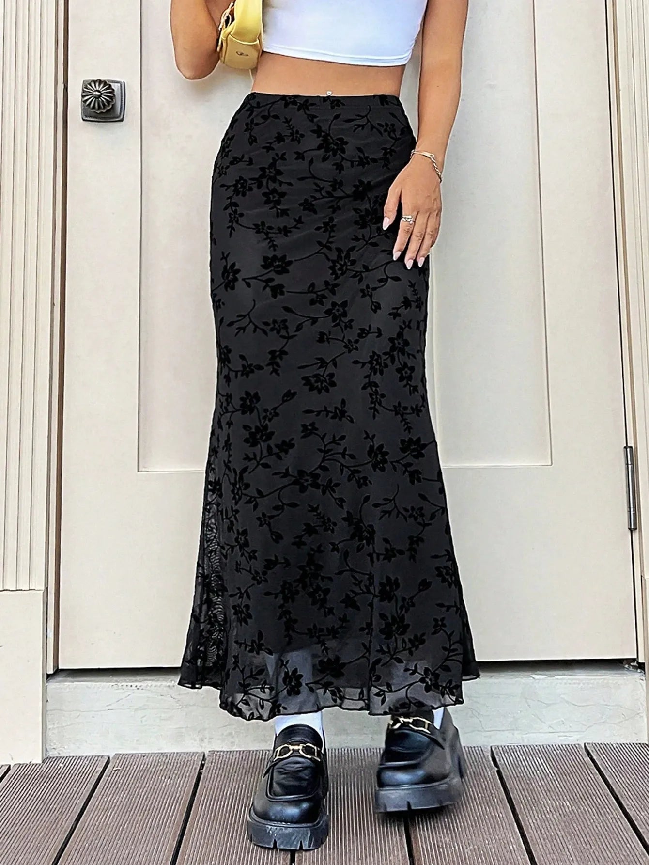 Women’s 2026 Summer Floral Flocked Mesh Mermaid Maxi Skirt
