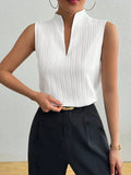 Women’s Stand Collar Split V Neck Textured Sleeveless Blouse Top